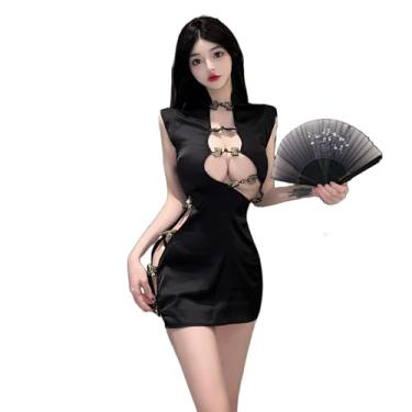 Imagem de SINMIUANIME Vestido sexy cosplay Cheongsam chinês Qipao estilo tradicional anime lingerie bodycon fantasia Babydoll camisola (8413Black, tamanho único)