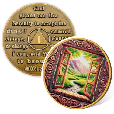 Imagem de Window of Clarity Moeda de sobriedade de 1 ano, chip sóbrio e medalhão AA, presentes de sobriedade de alcoólicos anônimos, moeda de recuperação de dependência para homens e mulheres