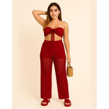 Imagem de Conjunto Cropped E Calça Saída De Praia Verão Tricot R096 - stylestore