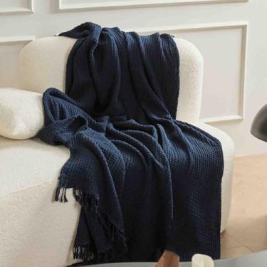 Imagem de Cobertor de lã para cobertores de cama, mulheres, homens, adultos, solteiro para sofá, tecido de algodão macio, confortável e respirável, lavável na máquina (azul, 150 x 200 cm)