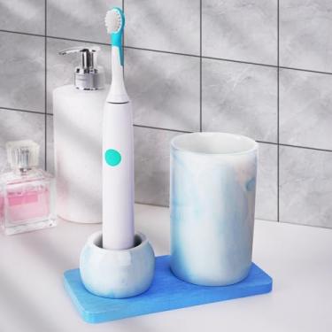 Imagem de Suporte de escova de dentes de cerâmica e copo de escova de dentes com bandeja de diatomita para banheiro, copos de copo reutilizáveis, copo de enxaguante bucal, organizador de armazenamento de balcão