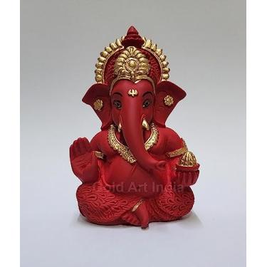 Imagem de Gold Art India Ídolo Mukut Ganesha para painel de carro marrom vermelho e dourado pequeno ídolo Ganesha Murti Ganpati para decoração de casa Puja Lord Ganesh estátua presente para escritório mesa