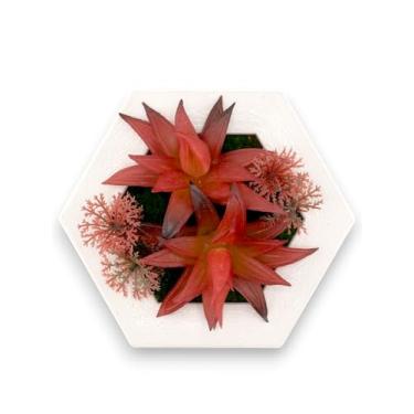Imagem de Arranjos de flores artificiais com vegetação decorativa – flores falsas realistas para decoração de casa, escritório, casamentos e presentes – com opções de cor e moldura (Guzmania vermelha, hexágono