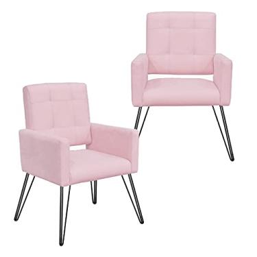 Imagem de Conjunto 2 Poltronas Estofadas Para Consultório Pés de Ferro Camila Suede Rosa Bebe - LM DECOR