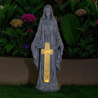Imagem de VChymm Estátua da Virgem Maria movida a energia solar de 71 cm - Decoração de jardim religioso ao ar livre com luzes LED, escultura de óxido de magnésio resistente às intempéries para quintal, pátio