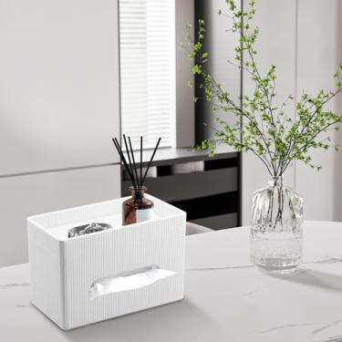 Imagem de Capa de caixa de lenços com bandeja de armazenamento moderna retangular de couro PU suporte de caixa de lenços para banheiro, penteadeira, bancada, cabeceira, quarto, mesa de escritório (branca)