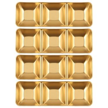 Imagem de 4 bandejas para temperos de vinagre e soja, 24 × 9,54 × 0,231 cm, 3 compartimentos de aço inoxidável dourado, copo de condimento para casa, cozinha, restaurante, churrasco, sushi