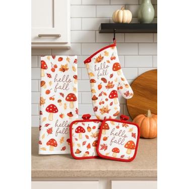 Imagem de Conjunto de cozinha Hello Fall – Conjunto de 4 peças com pano de prato de microfibra, luva de forno e 2 suportes de panela | Estampa de abóbora e cogumelo de outono | Decoração de cozinha sazonal de