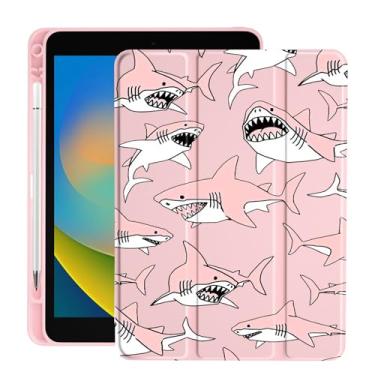 Imagem de Capa de tubarão bonito para iPad 10,2 polegadas 7ª/8ª/9ª geração 2019/2020/2021 com suporte para lápis, capa de couro rosa dobrável, suporta hibernar automático