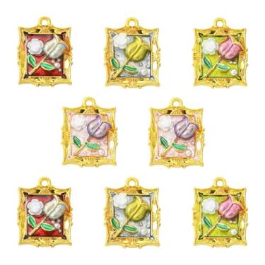 Imagem de UR URLIFEHALL 8 peças, 4 cores, pintura a óleo, 3D, berloques florais vintage esmaltados com imitação de pérola para artesanato faça você mesmo, colar, chaveiro, fabricação de joias