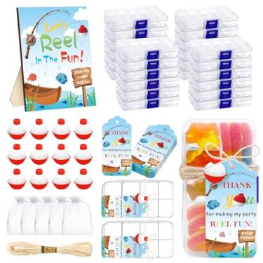Imagem de 24 conjuntos de mini caixas de doces de lembrancinhas de festa de pesca com 24 flutuadores vermelhos e brancos, 24 cartões de agradecimento, 24 sacos de organza, uma placa "Let's Reel in the Fun
