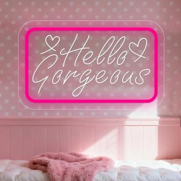 Imagem de Neonawall Hello Gorgeous Neon Sign for Wall Decor Pink Heart Light Up Letters Led Sign Birthday Party Signs Led Decorative Night Signs Room Decorations Christmas Party Gifts for Girls Friends Home
