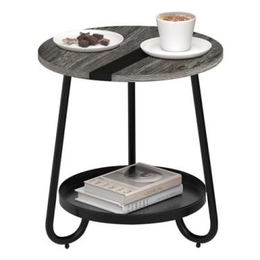 Imagem de MOFAIN Mesa de centro de 2 camadas na sala de estar, mesa de centro redonda de estilo industrial com bandeja de metal, mesa de café pequena de madeira para quarto, varanda, pátio, cinza