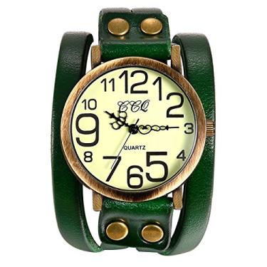 Imagem de Lancardo Marcadores árabes grandes femininos vintage multicamadas pulseira de couro pulseira relógio de pulso Browm preto verde laranja, Verde, Movimento de quartzo