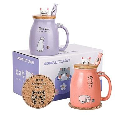 Imagem de Conjunto de canecas de gato Kawaii - pacote com 2 xícaras de chá de cerâmica com tampas e colheres, 450 ml, perfeito para amantes de gatos, presente de Natal e aniversário (roxo e rosa)