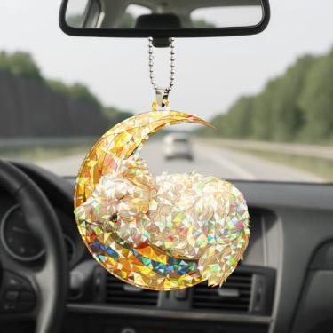 Imagem de Talataca Enfeite holográfico de cachorro plano 2D maltês, decoração de plástico lua crescente, pingente de pendurar para espelho retrovisor de carro, enfeite de árvore de Natal, presente de decoração