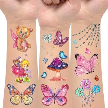 Imagem de 24 folhas de tatuagens temporárias de borboleta com glitter – 240 estilos, lembrancinhas de artigos de festa de borboleta rosa, para decorações de festa de flores de fadas, sacolas de brindes