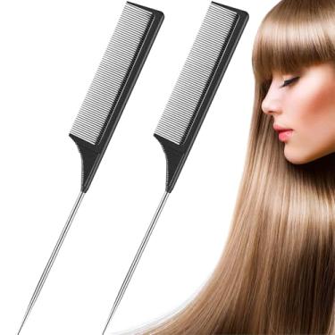 Imagem de Pacote com 2 pentes de cauda de rato com dentes finos resistentes ao calor, pente de cabelo com cabo de aço inoxidável, corte de cabelo e provocação para mulheres, preto