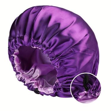 Imagem de 1 gorro ajustável de cetim dupla face, touca de cabelo clássica de poliéster | Chapéu de dormir e chuveiro sem óleo com elástico (roxo)
