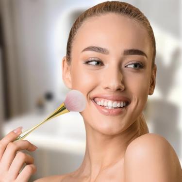 Imagem de Pincel de maquiagem para unhas para cuidados com as unhas – Pincel de blush de cerdas macias, pincel cosmético compacto para aplicação de blush em pó em pó (ouro claro)