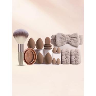 Imagem de Conjunto de 17 ferramentas de maquiagem, incluindo esponja de maquiagem, tigela de limpeza de pincel de maquiagem, puffs de pó, faixa de cabeça, pincel de pó e ferramentas de aplicação de base.