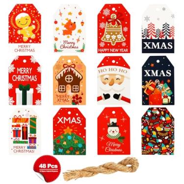 Imagem de Decorações de Chiristmas com cordão anexado, etiquetas de presente de Natal, etiquetas de barbante de sino de árvore de Natal, presente de papel em branco com corda para festa, festival, 48 peças, 12