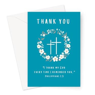 Imagem de ARK & BAY Cartão de agradecimento cristão com cruz e escritura | Verso da Bíblia Cartão religioso dando graças e apreciação para homens e mulheres de fé (Filipenses 1:3 Turquesa)