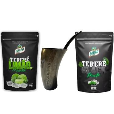 Imagem de Kit Tereré Barão com Cuia de Guampa e Bomba de Plástico 20cm, 2 Sabores - Black Menta e Limão com Menta, 500g cada