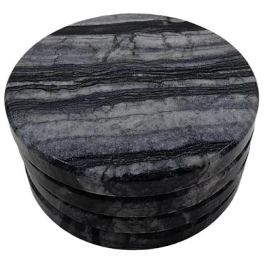 Imagem de YONGHEE Conjunto de 4 porta-copos de mármore preto, porta-copos de mármore redondos elegantes e modernos para decoração de mesa de café, porta-copos de pedra semiabsorvente para bebidas, 10 cm