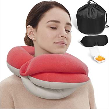 Imagem de Almofadas de pescoço de viagem BUYUE para aviões, suporte de cabeça de 360° para dormir em voos longos, suaves para a pele e respiráveis, kit com máscara de olhos com contorno 3D, protetores