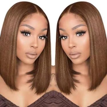 Imagem de Peruca amzhair Chocolate Brown Bob 35 cm, cabelo humano, renda frontal