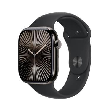 Imagem de Apple Watch Series 10 GPS + Cellular • Caixa ardósia de titânio – 46 mm • Pulseira esportiva preta – M/G