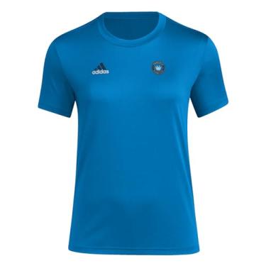 Imagem de adidas Camiseta feminina pré-jogo de manga curta, azul afiado/Charlotte Fc, Azul (Sharp Blue)/Charlotte Fc, M