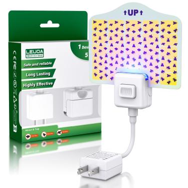 Imagem de Leuoa Armadilhas para moscas de frutas para ambientes internos, armadilha de insetos para casa, (plugue -1 dispositivo + 5 cartões de cola amarela) armadilha de luz captura insetos voadores, moscas de