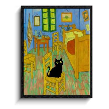Imagem de Arte emoldurada de gato preto, desenho animado de gato preto sentado na cadeira em Van Gogh estilo quarto, arte de parede em tela, pôsteres ecléticos para quarto, sala de estar, banheiro, decoração de