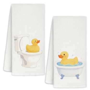 Imagem de YTRGI Conjunto de 2 toalhas de mão de pato de borracha amarela, presentes para amantes de patos de borracha para crianças e mulheres, decoração de banheiro de patos, patos fofos, toalhas de mão de