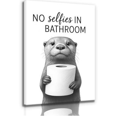 Imagem de Arte de parede engraçada em tela de banheiro linda lontra decoração de parede preto e branco impressão de pôster de animal de banheiro divertido segurando papel higiênico desenho de imagem para casa e