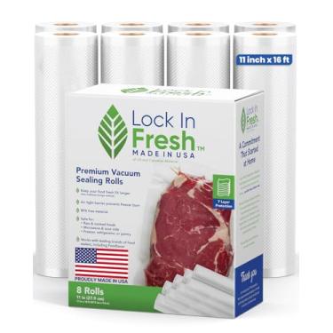Imagem de Lock In Fresh Sacos seladores a vácuo para alimentos - Rolos de saco selador a vácuo resistente para economia de alimentos - Sous Vide, lacre uma refeição, pacote com 8, 28 cm x 40 cm - Feito nos EUA
