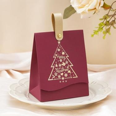 Imagem de 5 caixas de presente de Natal com alças de couro – design festivo de árvore vermelha, branca e verde para biscoitos, doces, chocolates e pequenos presentes, embalagem decorativa elegante (bordô - 5
