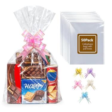 Imagem de Boensi Pacote com 50 sacos de celofane com laços, 40 x 50 cm sacos transparentes para cestas de presente, Halloween, Páscoa, cesta de frutas de Natal e embalagem de presente