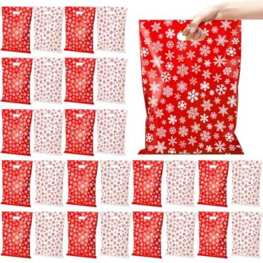 Imagem de Eaasty 48 peças de sacolas de presente de Natal com alças 40,6 x 30,5 cm grandes sacos de guloseimas de plástico com padrões de floco de neve vermelho e branco para embrulho de presente de festa de