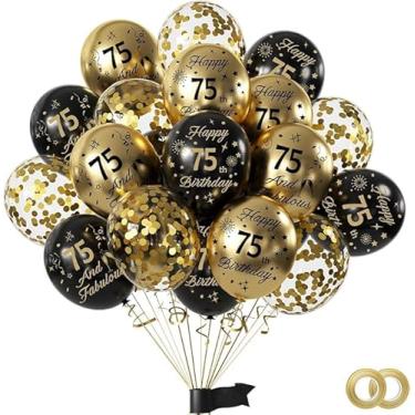Imagem de Balões de 75º aniversário, 15 peças, balões de confetes de látex de feliz aniversário de 75 anos, ouro preto, 30,5 cm, balões para decoração de festa de 75º aniversário para homens e mulheres