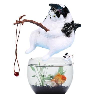 Imagem de Shakven Decoração de aquário de pesca de gato,Decoração de aquário de gato de pesca | Estatuetas de gatinho de pesca em miniatura - Tanque de peixes paisagem cenas bonito pesca gato estátua estatuetas