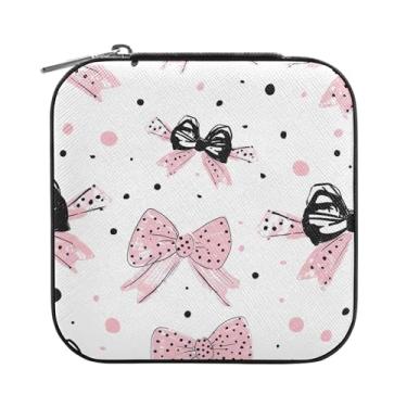 Imagem de SEHANY Caixa de joias personalizada com laço rosa para mulheres, meninas, mini estojo de joias de couro PU, organizador de joias de viagem, caixa de joias para brincos, anéis, colares, presentes para