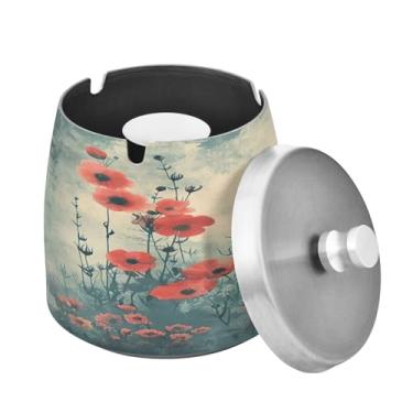 Imagem de Blueangle Cinzeiro de flores silvestres em aquarela com tampa para cigarros, à prova de vento/chuva, aço inoxidável, sem fumaça, inodoro, cinzeiro para uso interno ou externo (324)