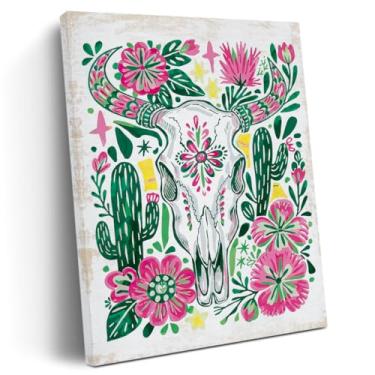 Imagem de Arte de parede em tela com estampa floral de caveira ocidental, caubói do sudoeste, estampa de caubói boêmio, estampa emoldurada para decoração de quarto de meninas, 28 x 38 cm