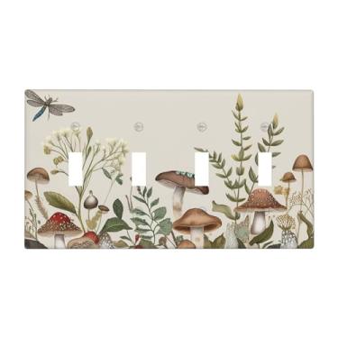 Imagem de JDAKHD Placa decorativa decorativa para interruptor de luz com folhas de cogumelo planta vintage dos anos 70 placa de interruptor de parede 4 gangues placa elétrica para banheiro quarto cozinha