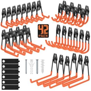 Imagem de Cpais Ganchos de garagem com revestimento antiderrapante, ganchos de armazenamento resistentes para pendurar bicicleta, mangueira, escada, quintal, ferramentas de jardim (pacote com 42 laranja)