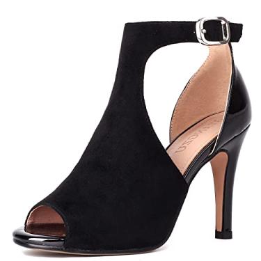 Imagem de XIANGZU Sandálias femininas de salto alto Peep Toe de 10 cm de camurça stiletto de verão com bico aberto, sapatos de festa com recorte lateral, Preto, 40