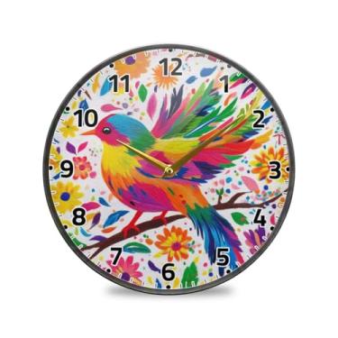 Imagem de WELLDAY Relógio de parede sem tique-taque 25 cm - pássaro floral mexicano operado por bateria relógio redondo silencioso para casa/escritório/cozinha/sala de aula